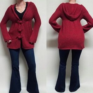 Vintage 90s Sophie Max Burgundy Knit Hooded Puff Sleeve Babydoll Cardigan XS